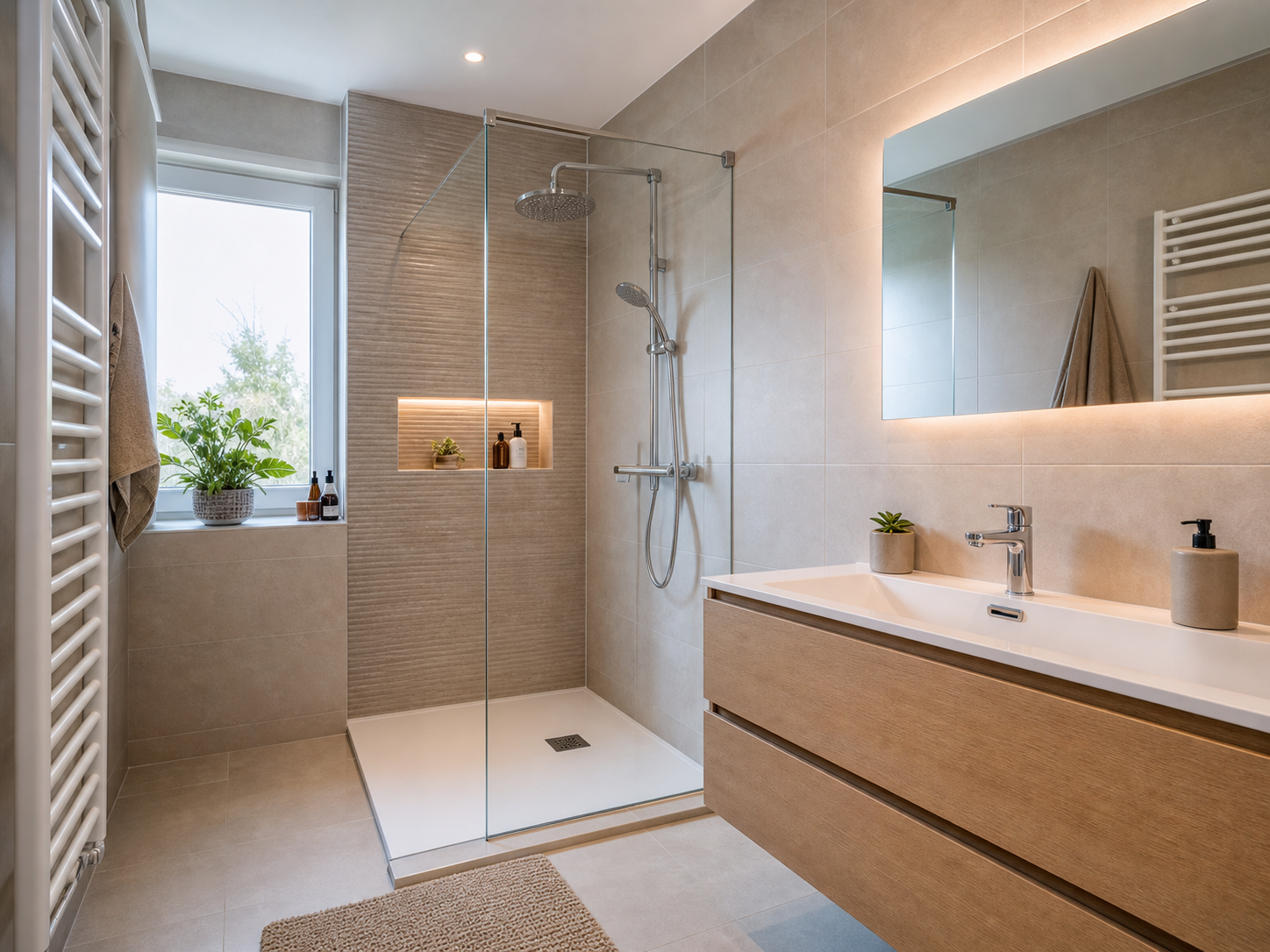 Salle de bain moderne rénovée avec douche, meuble vasque et robinetterie